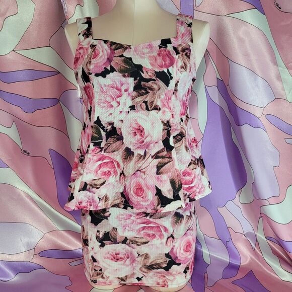 Pink Rose Mini Dress Size Small Japan Floral Bodycon Peplum Gyaru Gal Style Y2K - Picture 10 of 10
